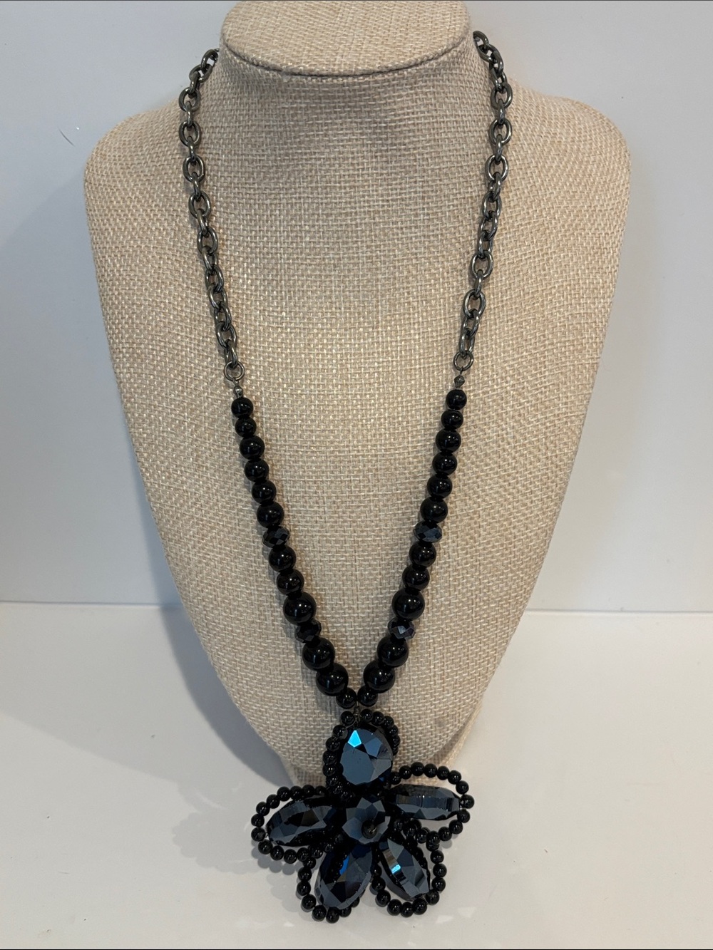 Natasha Black Crystal Flower Pendant Statement Beaded Necklace N Stamp